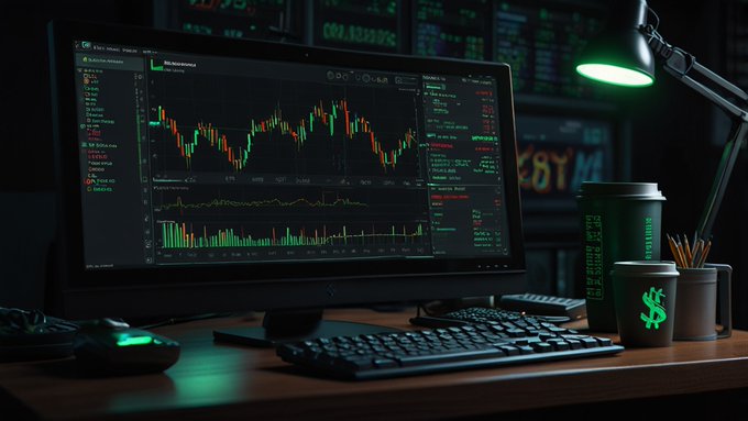 A dimly lit desk setup featuring a computer monitor displaying green and red stock/crypto trading charts and candlestick graphs. A keyboard, mouse, lamp, and two coffee cups are also visible.