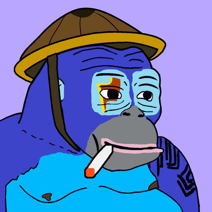 A digital illustration of a blue gorilla wearing a brown conical hat with yellow trim, smoking a cigarette against a solid purple background.