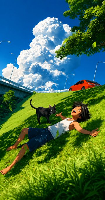 A young boy lies on a grassy hillside, playfully reaching toward a curious black cat under a bright blue sky with fluffy clouds, while a red car passes by on an overpass in the background. The carefree, sunlit scene perfectly matches the cheerful "Good morning" vibe of the post, inviting the community to drop their "Gm" greetings.