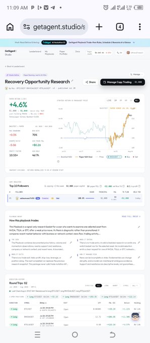 A mobile screenshot of getagent.studio showing 'Recovery Opportunity Research' stock analysis page for ticker RGTI with +4.6% gain.