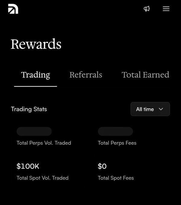 A mobile app interface showing trading rewards stats, with the "Trading" tab selected, showing $100K Total Spot Vol. Traded and $0 Total Spot Fees.