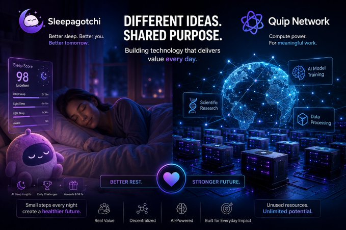 A promotional graphic for 'Sleepagotchi' and 'Quip Network' with the tagline 'DIFFERENT IDEAS. SHARED PURPOSE.' and 'Better rest. Stronger future.'