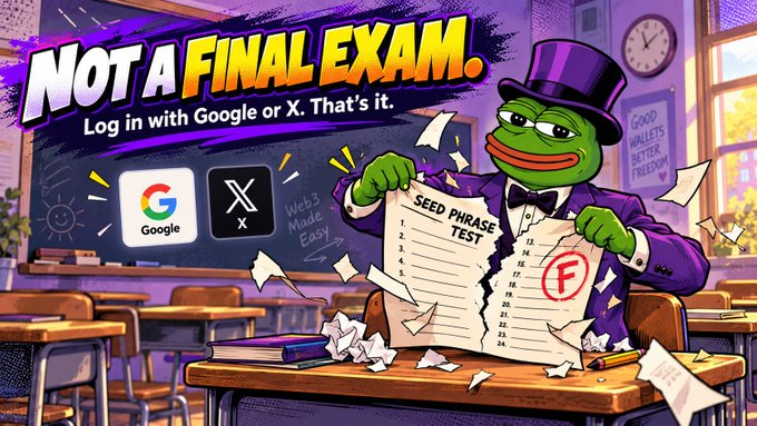 A Pepe the Frog illustration in a classroom setting holding a torn 'SEED PHRASE TEST' paper, with text reading 'NOT A FINAL EXAM. Log in with Google or X. That's it.' alongside Google and X login buttons.