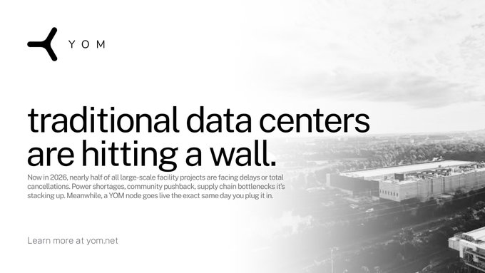 A minimalist black and white advertisement for 'YOM' with the headline 'traditional data centers are hitting a wall,' discussing 2026 data center project delays, with an aerial view of an industrial facility.