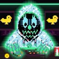 A low-resolution pixel art image of a hooded figure with a green glowing aura and a masked face.