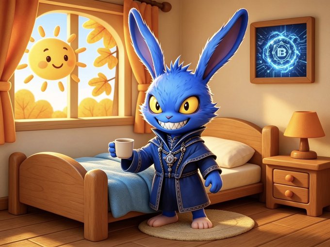 A 3D-rendered blue bunny character in royal robes holding a coffee cup in a cozy bedroom with a smiling sun outside the window and a Bitcoin symbol displayed on the wall.