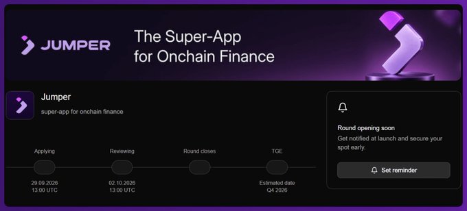 Promotional banner for Jumper, advertised as 'The Super-App for Onchain Finance,' featuring a timeline with phases like 'Applying' (29.09.2025), 'Reviewing' (02.10.2025), 'Round closes,' and 'TGE' (Q4 2025).