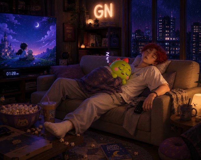 A cozy nighttime scene of a red-haired anime-style character sleeping on a couch hugging a green plush toy, with a TV displaying an animated movie, popcorn, snacks, and a neon 'GN' (good night) sign glowing in the room.