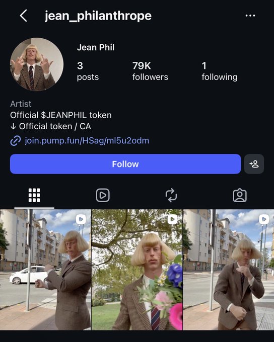 An Instagram profile for "jean_philanthrope" with 79K followers shows the account has already added a memecoin ticker ($JEANPHIL) and a pump.fun link to their bio, despite having only 3 posts—just one day after gaining overnight virality.