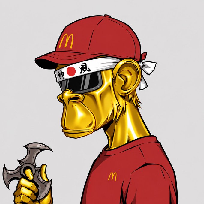 An illustration of a golden monkey character wearing a red McDonald's cap and visor, dark sunglasses, and a red McDonald's shirt while holding a shuriken, blending fast food branding with anime/martial arts aesthetics.