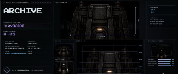 A digital interface displays a 'RUNNER CONSTRUCTION RECORD' titled 'ARCHIVE' with data on an 'OPERATOR CALL SIGN' reading 'X X03199' and 'FACILITY CODE A-05', featuring front and top elevation views of a dark building structure.
