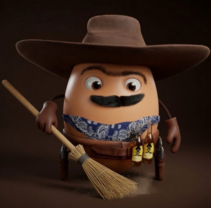A 3D-rendered egg character dressed as a cowboy, wearing a brown hat, a black mustache, a blue bandana, and holstered pistols, while holding a broom and two bottles labeled "POISON."