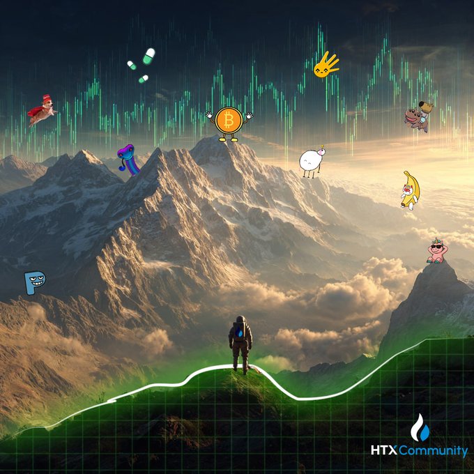 A promotional image for the HTX Community showing an astronaut on a mountain peak with various cartoon crypto characters and a Bitcoin coin overlaid on a green stock chart and candlestick background.