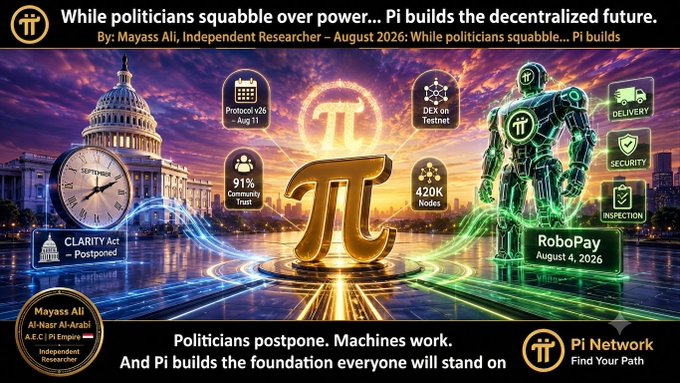 A promotional graphic for Pi Network by Mayass Ali featuring the headline 'While politicians squabble over power... Pi builds the decentralized future,' alongside imagery of the U.S. Capitol, the Pi symbol, a robotic figure, and details like 'CLARITY Act – Postponed,' 'Protocol v26 – Aug 11,' '91% Community Trust,' '420K Nodes,' 'DEX on Testnet,' and 'RoboPay August 4, 2026.'