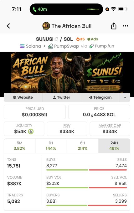 A screenshot of a cryptocurrency tracking page for "SUNUSI/SOL" token called "The African Bull," showing a market cap of $334K with a 461% surge in 24 hours, supporting the claim about the token pumping back above $300K.