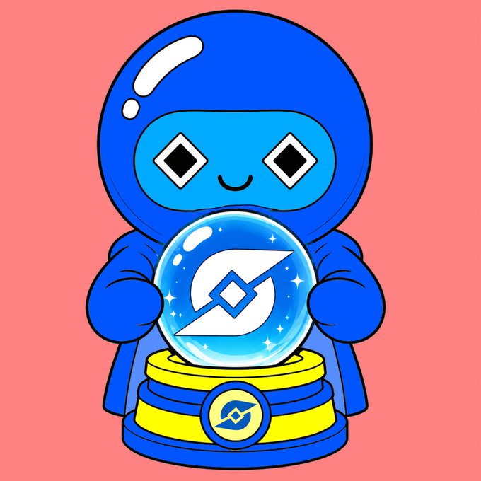 Cartoon illustration of a blue astronaut-like character holding a crystal ball with a crypto logo, standing on a stack of coins against a coral background.