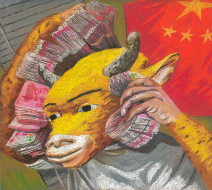 A colorful, expressionistic painting featuring a yellow bull-like figure wearing a pink ruffled hat, holding a gray horn or object to its ear, with a red flag containing yellow stars in the background.