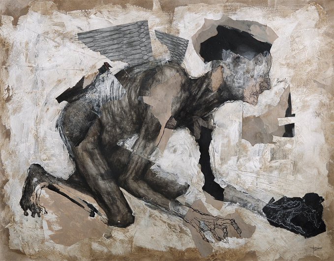 An expressive mixed-media artwork depicting a dark, winged humanoid figure in a kneeling or crawling pose, rendered with fragmented layers and textured brushstrokes in earth tones.