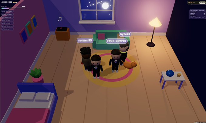 A screenshot of a multiplayer game scene in a pink bedroom where four avatars with usernames like 'runner95', 'FVCT.CRYPTO', and 'byte73' stand on a colorful rug.
