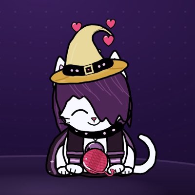 A cartoon drawing of a chibi-style cat character with purple hair wearing a yellow witch hat with a black buckle, a spiked collar, and a pink ball gag, with small pink hearts floating above.