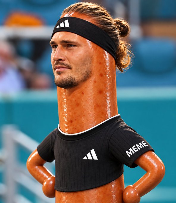 An AI-generated or stylized image of a tennis player with long blonde hair, a beard, and an Adidas headband, wearing a black Adidas shirt that has 'MEME' printed on the sleeve.