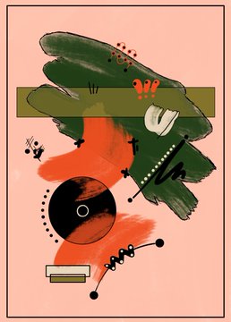 An abstract mixed-media artwork with green brushstrokes, red and black circles, and geometric shapes on a pink background.
