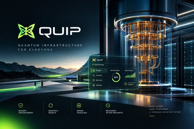 A futuristic promotional graphic for "QUIP - Quantum Infrastructure for Everyone," featuring a quantum computer and dashboard UI with features like Budget Enforcement and Spend Tracking.
