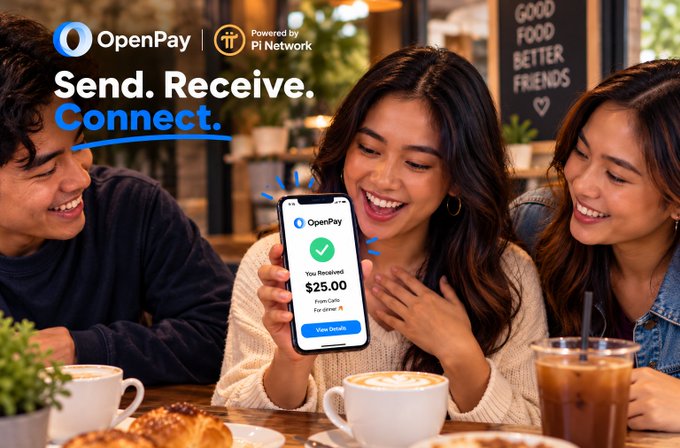 An advertisement for OpenPay showing three smiling friends at a cafe, with a phone screen displaying a successful $25.00 payment receipt for dinner.