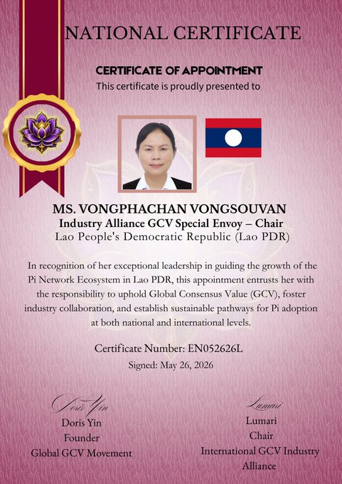 The image features a certificate of appointment for Ms. Vongphachan Vongsouvan, who was appointed as the Special Envoy of the Lao People's Democratic Republic (Lao PDR). The certificate is presented to her on a pink background with gold accents and is framed by a ribbon. The text on the certificate highlights her dedication, strategic vision, and leadership in advancing the Pi Network ecosystem in Laos.