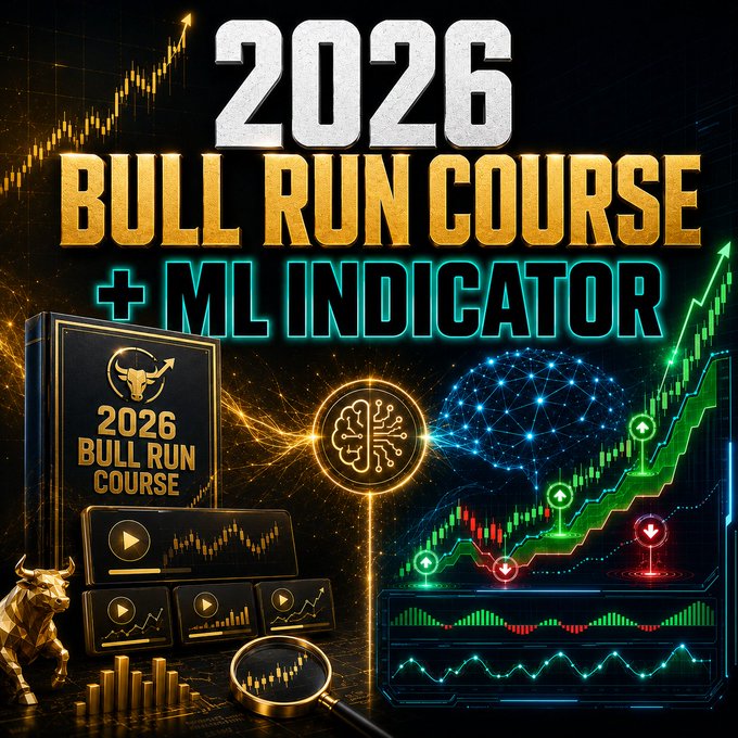 Promotional graphic for the "2026 Bull Run Course + ML Indicator," featuring a gold product book, play-button video thumbnails, a bull figure, and a neural network/AI brain icon overlaid on green upward candlestick charts. The bold text and bullish imagery reinforce the post's call to action for a crypto trading course paired with a machine learning indicator.