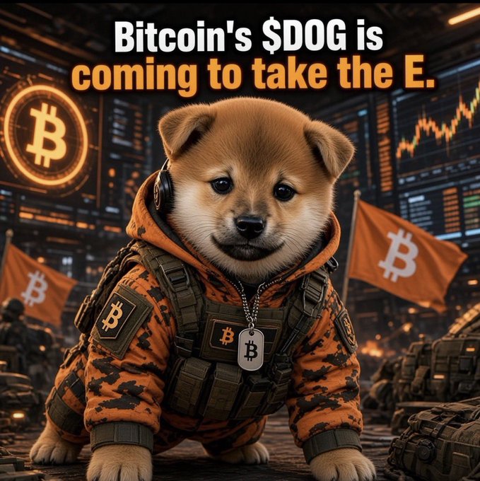 A promotional graphic featuring a Shiba Inu puppy in military-style orange camouflage gear with text reading "Bitcoin's $DOG is coming to take the E."