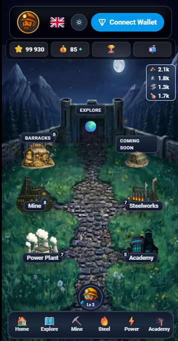 A screenshot of a mobile game interface with a "Connect Wallet" button, displaying player stats, resources, and various game locations like "BARRACKS," "Mine," "Steelworks," "Power Plant," and "Academy."