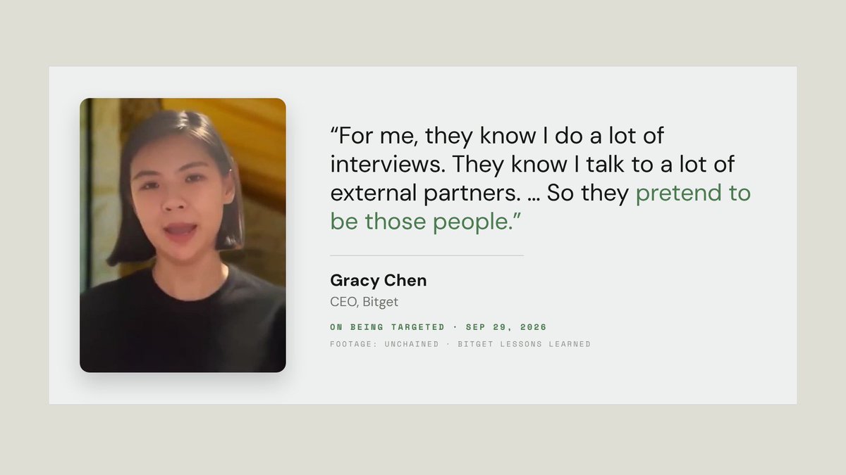 A quote graphic features Gracy Chen, CEO of Bitget, with the text 'For me, they know I do a lot of interviews. They know I talk to a lot of external partners. … So they pretend to be those people,' tagged as 'ON BEING TARGETED • SEP 29, 2026'.