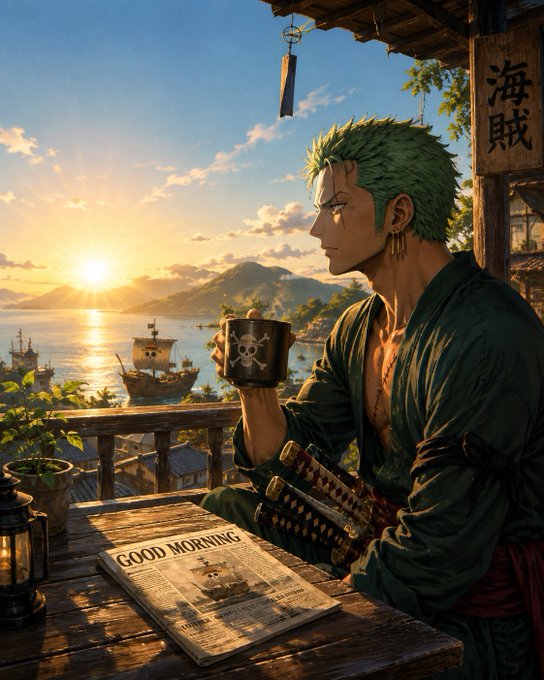 An anime-style illustration depicts a green-haired character in traditional robes drinking from a skull-and-crossbones mug, with a 'GOOD MORNING' newspaper on the table and Asian characters on a sign.