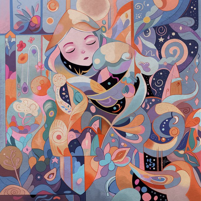A colorful, surreal illustration featuring a serene woman with closed eyes surrounded by swirling abstract shapes, flowers, and celestial elements in pastel pinks, purples, and blues.