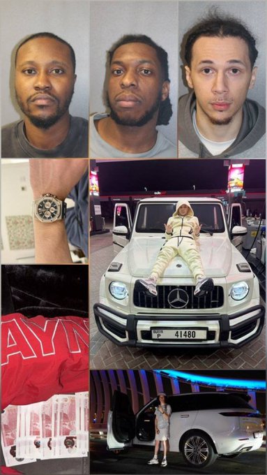 A collage of images showing three mugshots of men, a luxury watch, stacks of cash, a person in a yellow outfit sitting on a white Mercedes G-Wagon with plate P 41480, and a woman posing by a Rolls Royce.