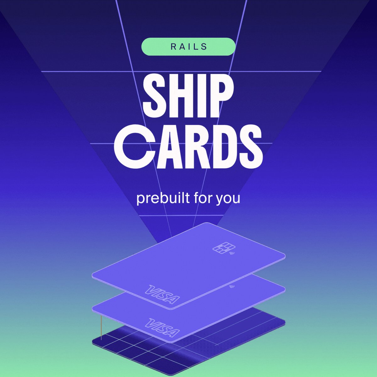 The image features a purple credit card, which appears to be a Visa card, placed on top of another card. The cards are stacked vertically against a blue background, creating an interesting visual effect. Below the stack of cards, there's text that reads "SHIP CARDS PREBUILT FOR YOU". This suggests that the cards have been ordered and are ready for pickup or delivery.