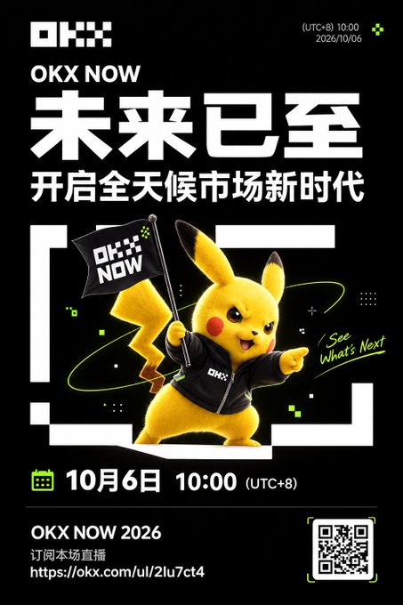 OKX promotional poster featuring Pikachu holding an 'OKX NOW' flag, with text 'OKX NOW 未来已至 开启全天候市场新时代' and details for an event on 10月6日 10:00 (UTC+8) for OKX NOW 2026, including a QR code and link.