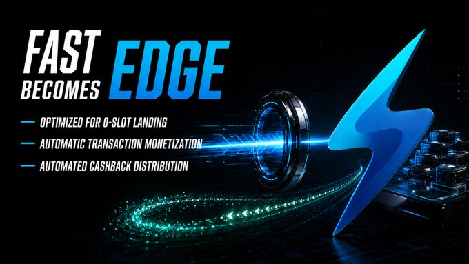 A promotional graphic reading "FAST BECOMES EDGE" with bullet points: "OPTIMIZED FOR Q-SLOT LANDING," "AUTOMATIC TRANSACTION MONETIZATION," and "AUTOMATED CASHBACK DISTRIBUTION," featuring a large blue lightning bolt graphic.