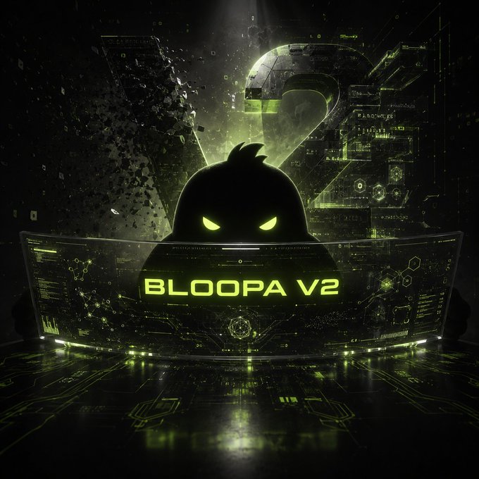 A hooded figure with glowing green eyes sits behind a curved holographic interface, with a large "V2" looming in the background above the text "BLOOPA V2." The image's dark, tech-driven aesthetic and suspenseful tone visually reinforce the post's teasing message of a major product reveal, emphasizing mystery and anticipation around the upgrade.