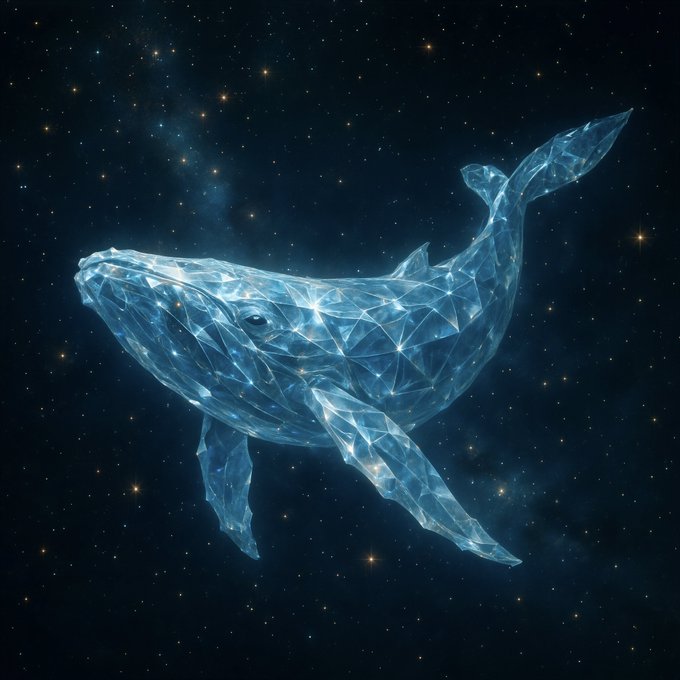 A digital art rendering of a translucent, geometric/polygonal blue whale swimming through a starry space background.