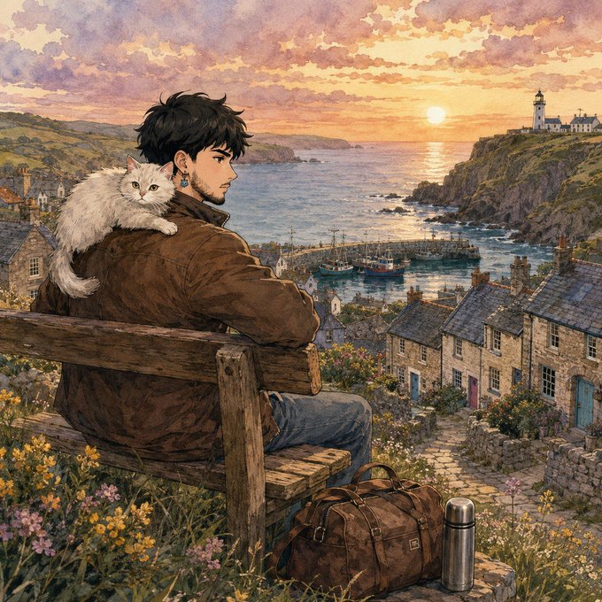An illustrated scene of a young man with a white cat on his shoulder sitting on a bench, overlooking a coastal village at sunset with a lighthouse, boats, and flowers in the foreground.