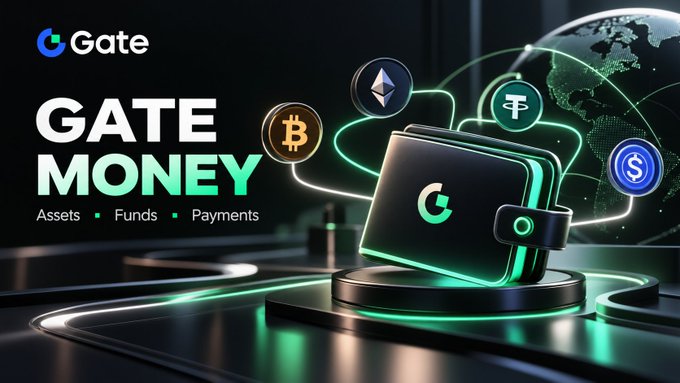 A promotional graphic for 'Gate Money' displays digital assets, funds, and payments alongside a neon-lit digital wallet featuring cryptocurrency symbols including Bitcoin, Ethereum, Tether, and USD.
