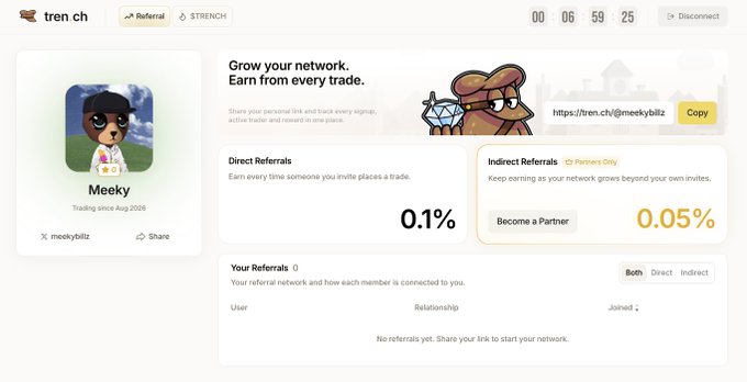 A screenshot of a tren.ch referral dashboard showing user 'Meeky' with direct referrals earning 0.1% and indirect referrals earning 0.05%, with a referral link 'https://tren.ch/@meekybilz' and zero current referrals.