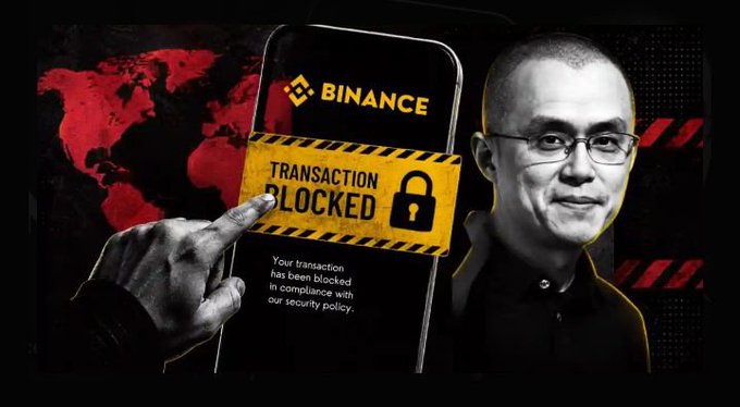 A graphic features a man next to a smartphone displaying "BINANCE TRANSACTION LOCKED" with the message "Your transaction has been blocked in compliance with our security policy," set against a red world map background.