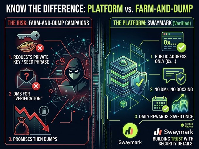 The infographic contrasts "Farm-and-Dump Campaigns" with the "Swaymark (Verified) Platform," highlighting red flags like requesting private keys, DM verification, and pump-and-dump promises on the left, versus Swaymark's secure features of public address use, no DMs/doxxing, and daily saved rewards on the right—visually reinforcing the post's message that legitimate platforms never ask for seed phrases or private verification.