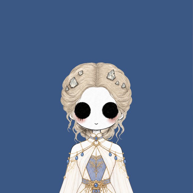 A hand-drawn illustration of a pale, doll-like figure with black hollow eyes, blonde braided hair adorned with crystal-like gems, and an ornate white gown with gold filigree and blue jewels, set against a deep blue background. The artwork embodies the haunting, ethereal aesthetic of "The Hollow Ones" NFT collection, with every intricate detail—from the jewelry to the dress embroidery—reflecting the handcrafted artistry mentioned in the post.