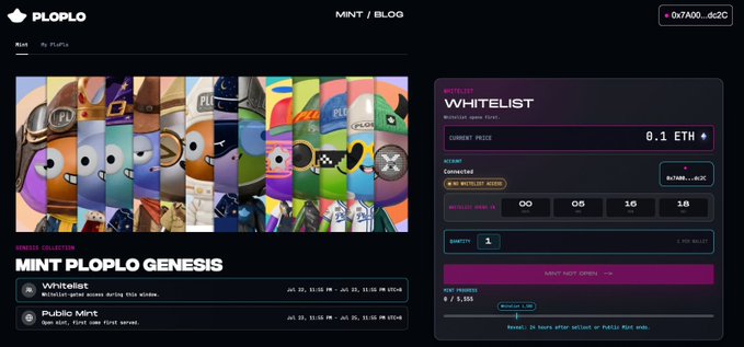 The image shows the PLOPLO Mint/Blog page featuring the "MintPlo Genesis" NFT collection with a grid of colorful cartoon bird characters, displaying whitelist eligibility details including a 0.1 ETH current price and an 8:05:16:18 countdown timer until the whitelist mint window opens. The page confirms the mint schedule mentioned in the post, with the whitelist mint beginning on July 25 at 23:55 UTC followed by a 24-hour whitelist period and subsequent public mint.