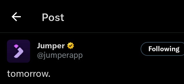 A social media post by Jumper (@jumperapp) with a purple logo, marked as 'Following', contains the text 'tomorrow.'