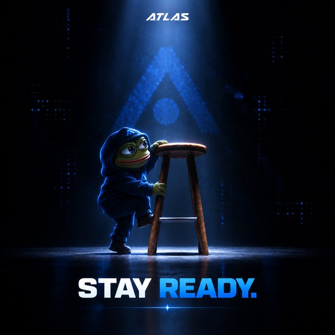 A stylized digital poster featuring the Pepe the Frog character in a blue hoodie next to a stool, with the text 'ATLAS' at the top and 'STAY READY.' at the bottom against a dark blue background with a triangular symbol.